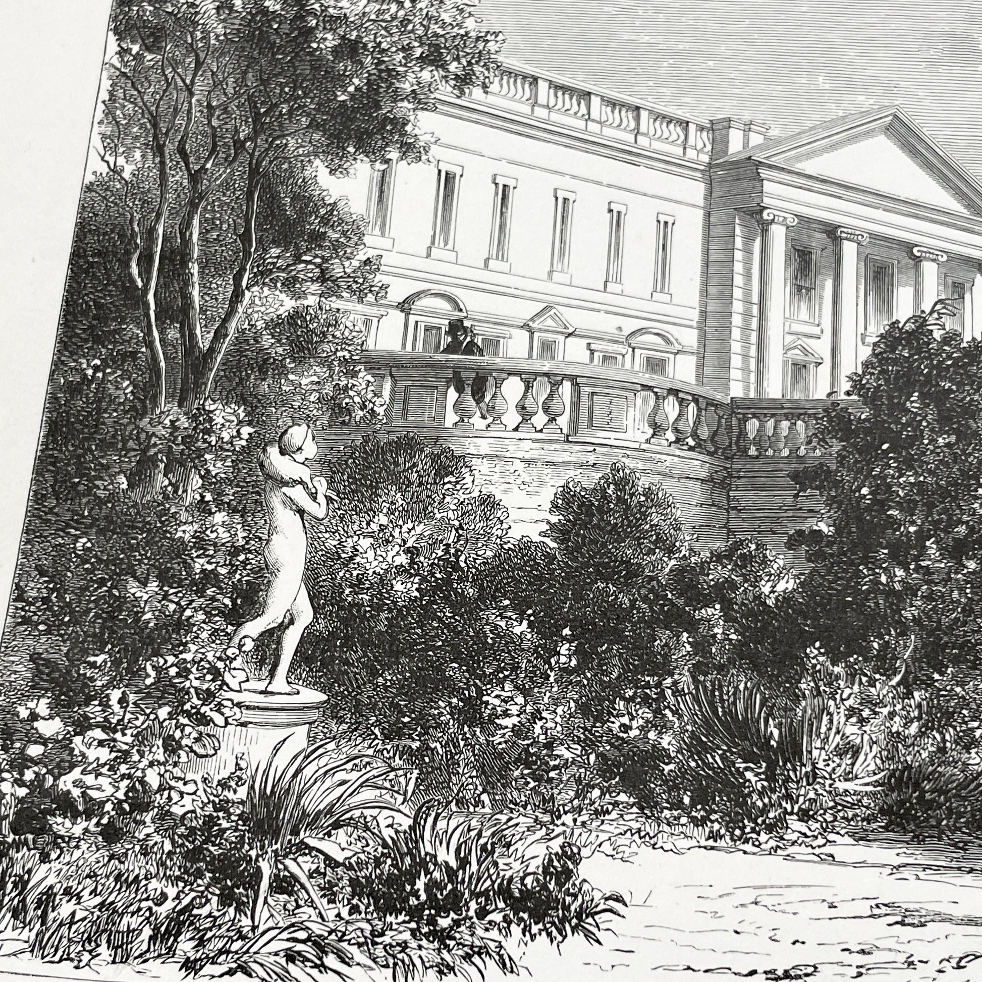 Late 19th - Compiègne Château Engraving - French Palace Grand Staircase - Park Life - Historic Architectural Print - Art by Girardet