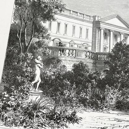 Late 19th - Compiègne Château Engraving - French Palace Grand Staircase - Park Life - Historic Architectural Print - Art by Girardet