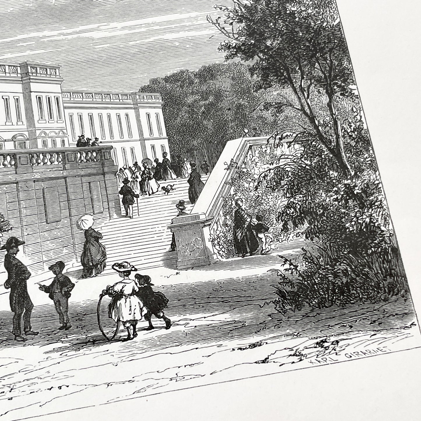 Late 19th - Compiègne Château Engraving - French Palace Grand Staircase - Park Life - Historic Architectural Print - Art by Girardet
