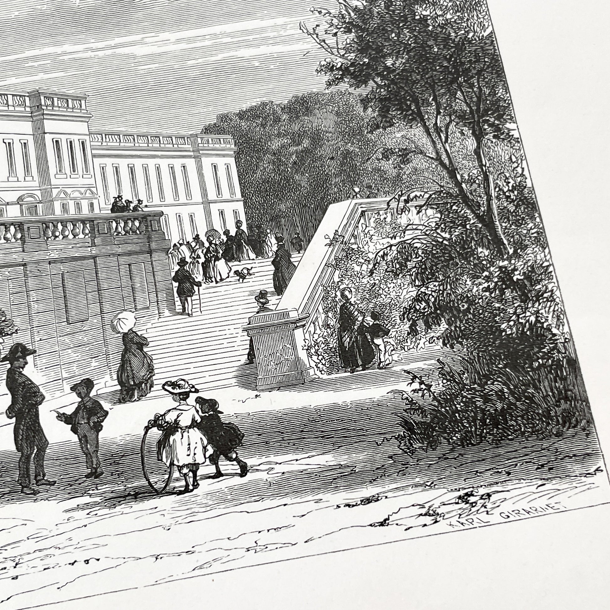 Late 19th - Compiègne Château Engraving - French Palace Grand Staircase - Park Life - Historic Architectural Print - Art by Girardet