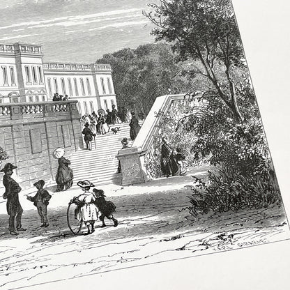 Late 19th - Compiègne Château Engraving - French Palace Grand Staircase - Park Life - Historic Architectural Print - Art by Girardet