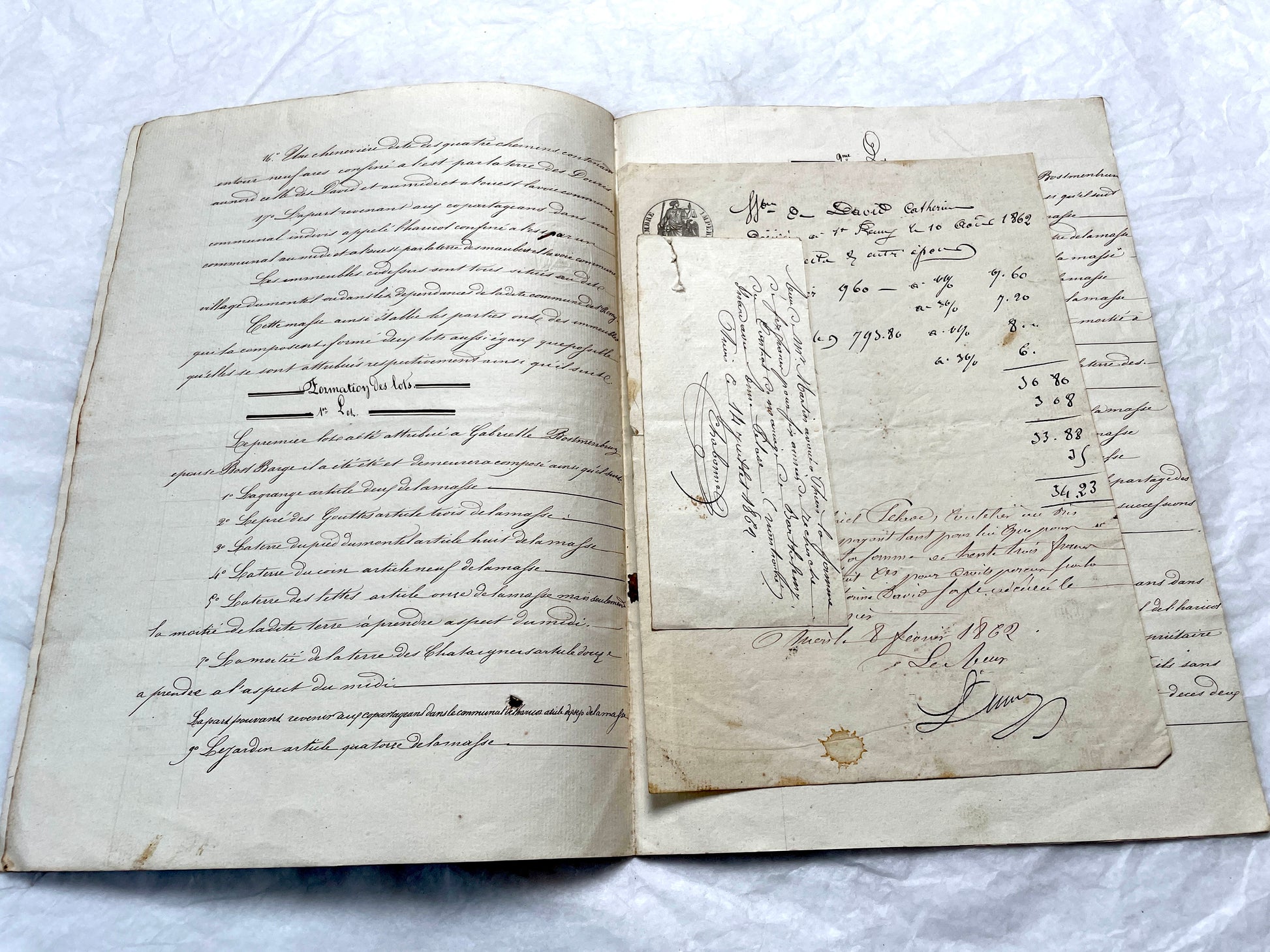 Mid 19th Century French Notarial Act from 1856 with elegant handwritten text and clear imperial stamp.