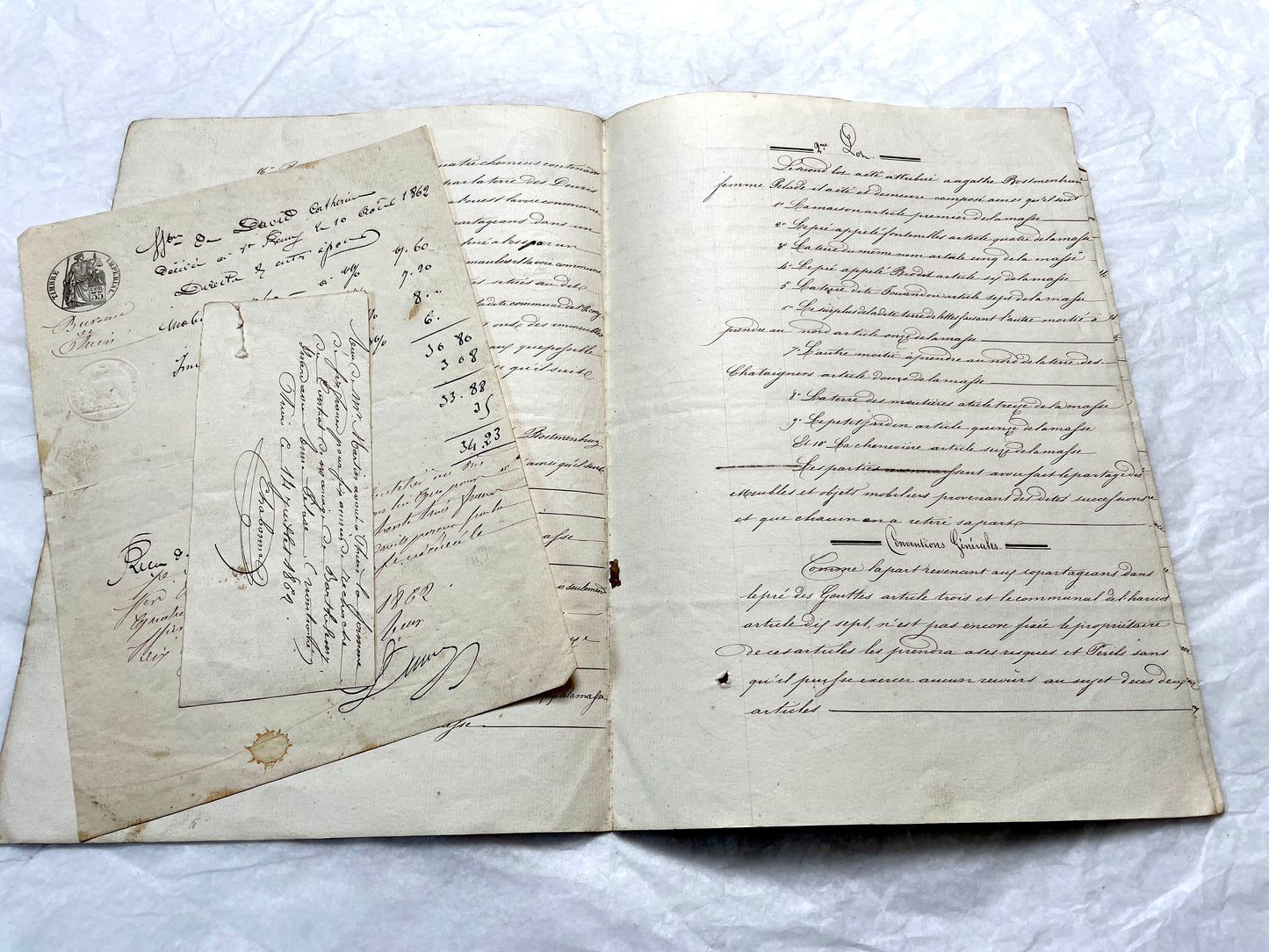 Mid 19th Century French Notarial Act from 1856 with elegant handwritten text and clear imperial stamp.