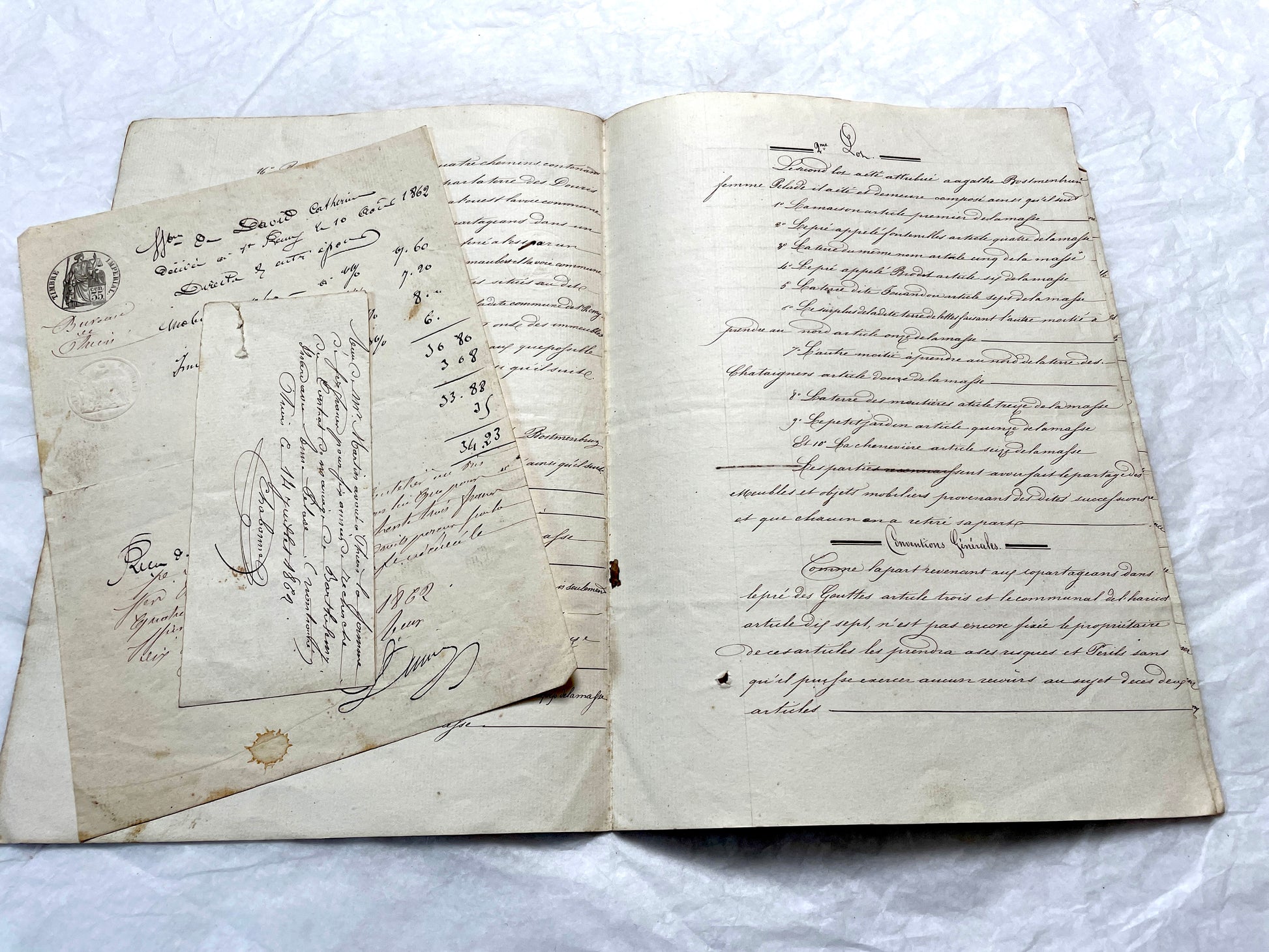 Mid 19th Century French Notarial Act from 1856 with elegant handwritten text and clear imperial stamp.
