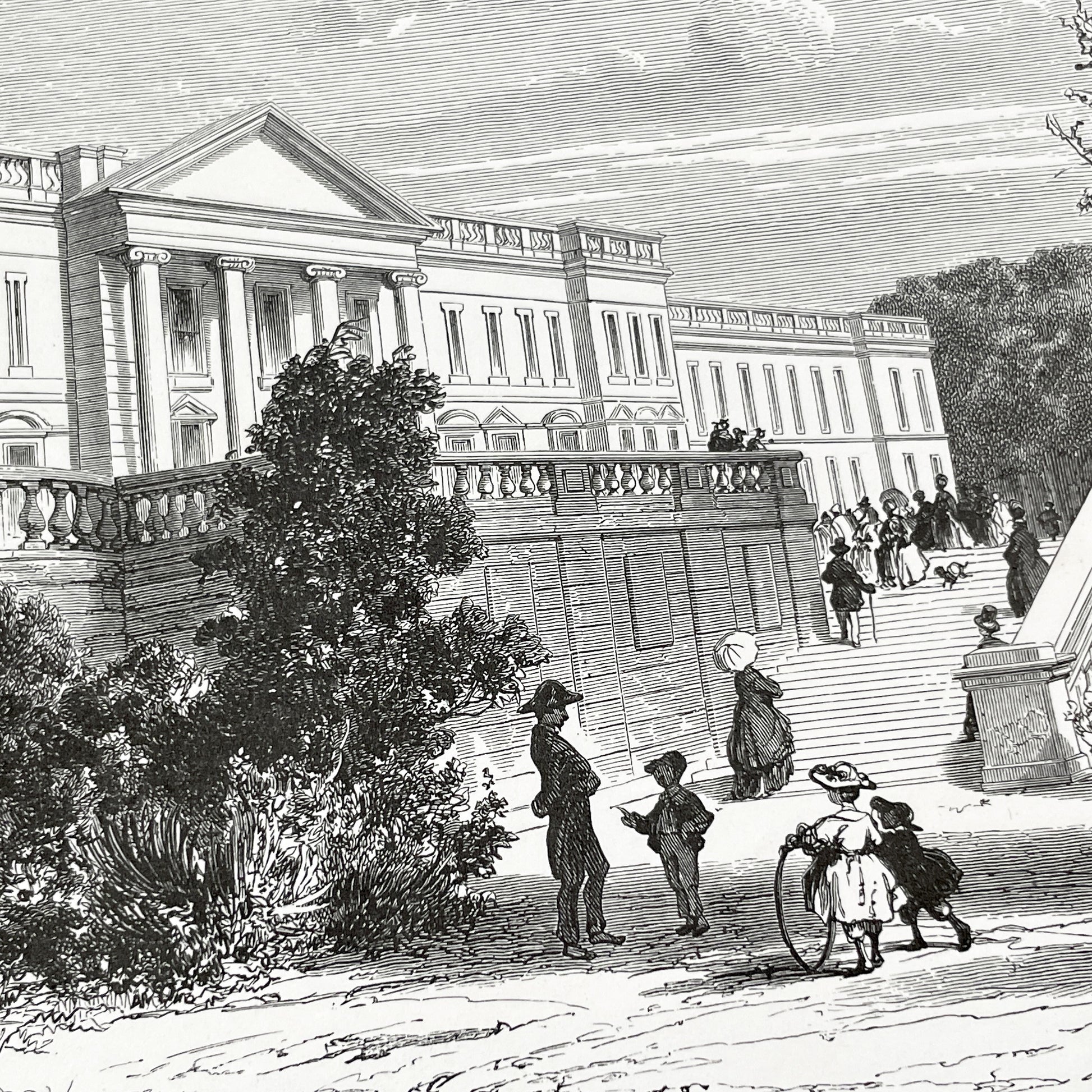 Late 19th - Compiègne Château Engraving - French Palace Grand Staircase - Park Life - Historic Architectural Print - Art by Girardet