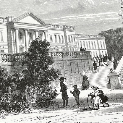 Late 19th - Compiègne Château Engraving - French Palace Grand Staircase - Park Life - Historic Architectural Print - Art by Girardet