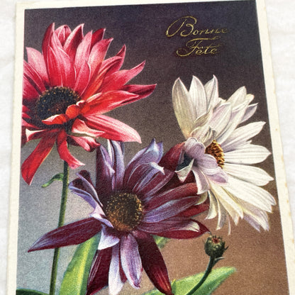 1930s - Antique French Bonne Fête Postcard - Vibrant Floral Celebration Greeting Card - Collectible Vintage Flower Art Nouveau Era