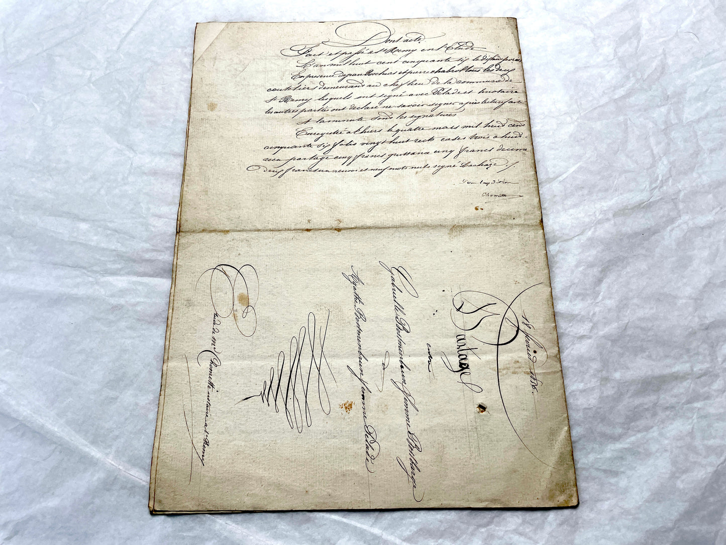 Mid 19th Century French Notarial Act from 1856 with elegant handwritten text and clear imperial stamp.