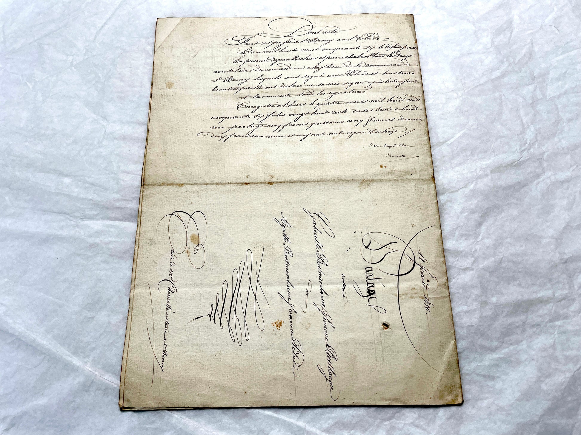 Mid 19th Century French Notarial Act from 1856 with elegant handwritten text and clear imperial stamp.