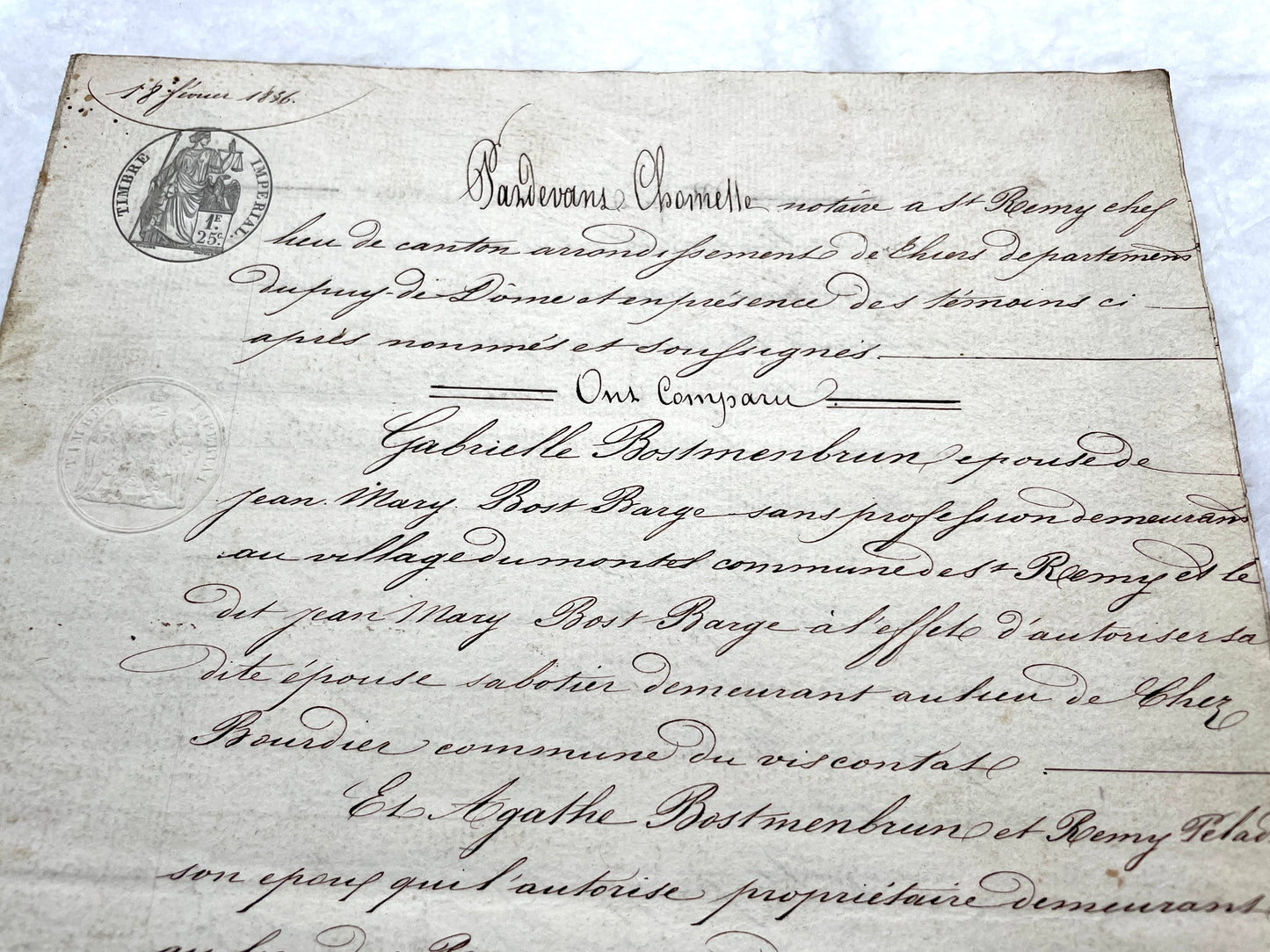 Mid 19th Century French Notarial Act from 1856 with elegant handwritten text and clear imperial stamp.