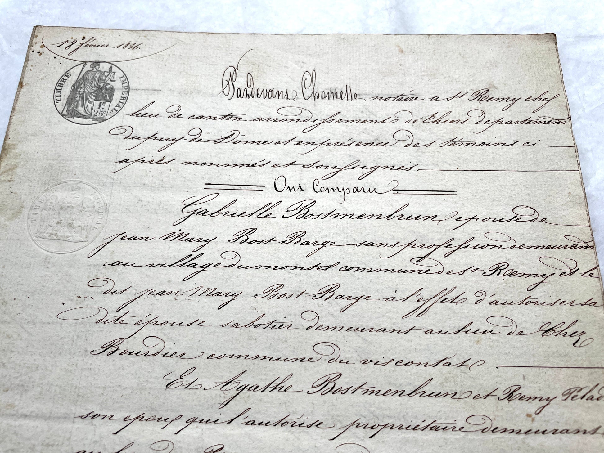 Mid 19th Century French Notarial Act from 1856 with elegant handwritten text and clear imperial stamp.
