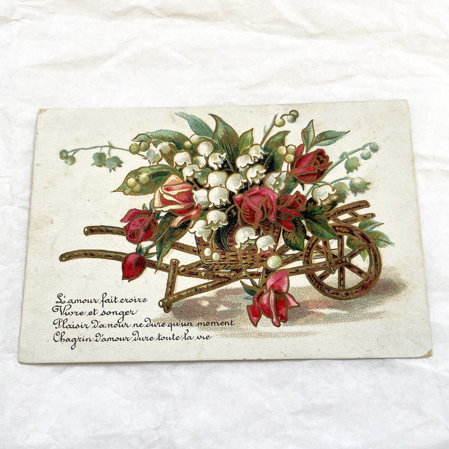 1900s - Antique Postcard - Sentimental Floral Illustration - Lily Of The Valley - Red Roses - Plaisir D'amour Verse - Belle Epoque Charm