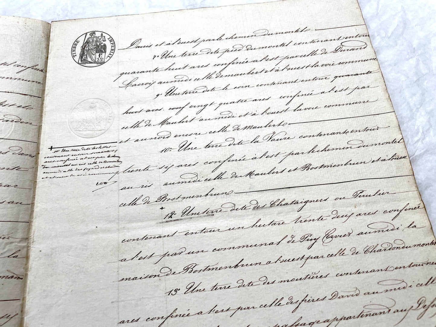 Mid 19th Century French Notarial Act from 1856 with elegant handwritten text and clear imperial stamp.