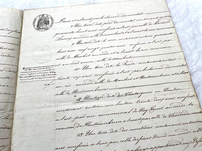Mid 19th Century French Notarial Act from 1856 with elegant handwritten text and clear imperial stamp.