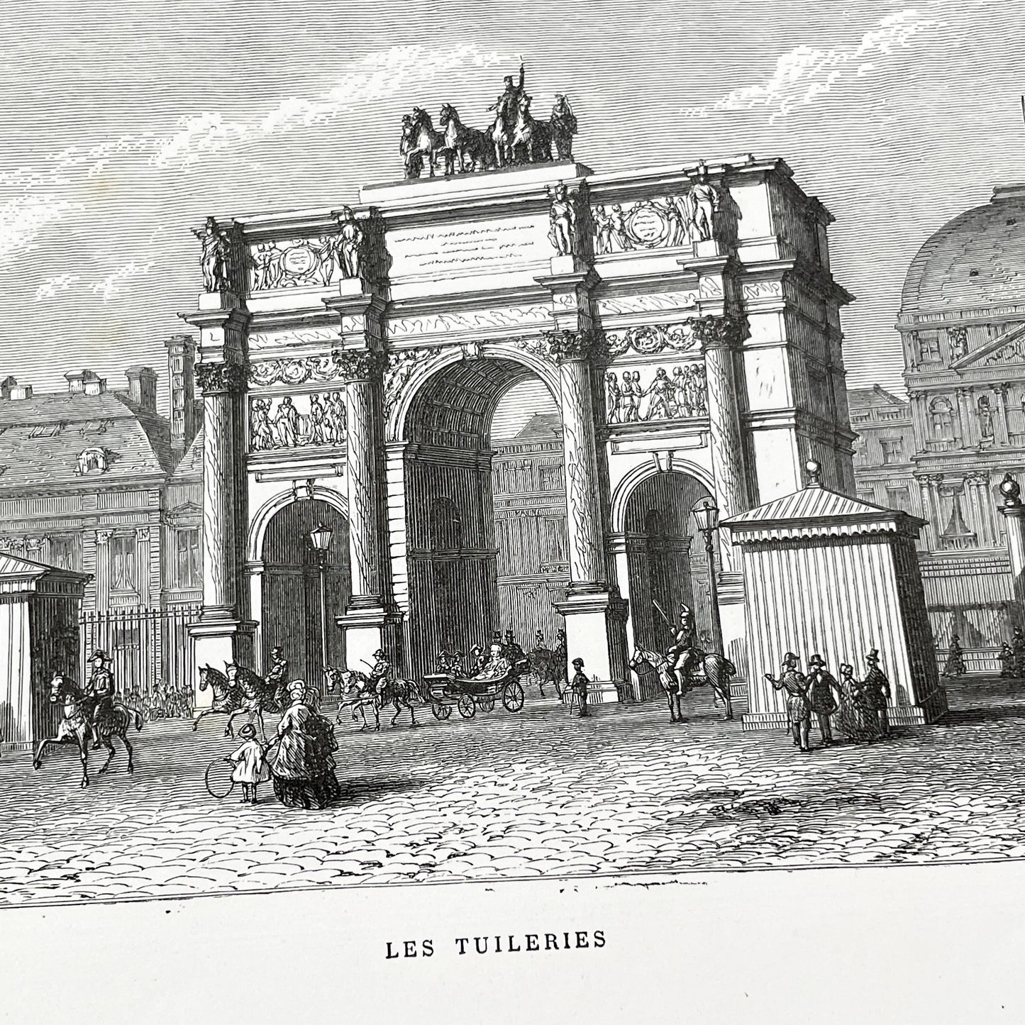 Late 19th - Parisian Arc de Triomphe du Carrousel Engraving - Historic Tuileries Garden Scene - Vintage French Architecture Art Print