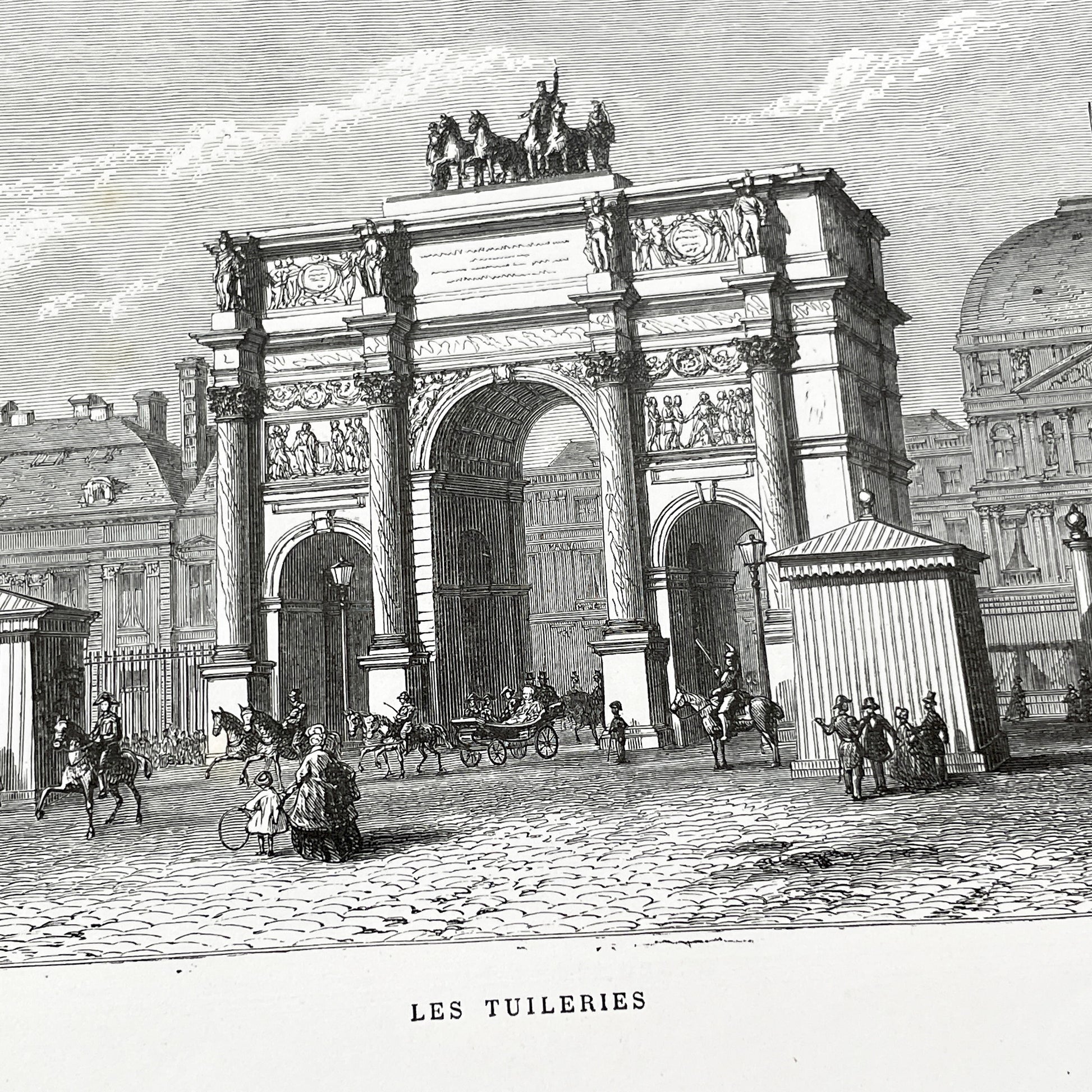 Late 19th - Parisian Arc de Triomphe du Carrousel Engraving - Historic Tuileries Garden Scene - Vintage French Architecture Art Print