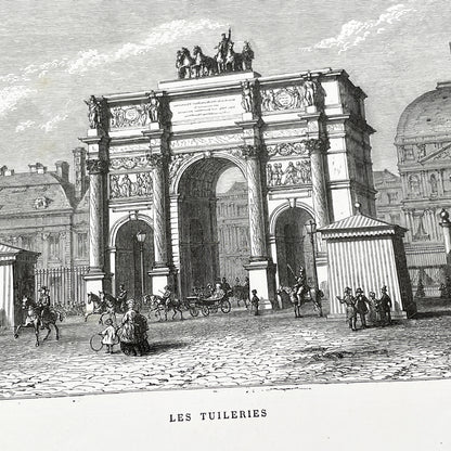 Late 19th - Parisian Arc de Triomphe du Carrousel Engraving - Historic Tuileries Garden Scene - Vintage French Architecture Art Print