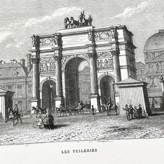 Late 19th - Parisian Arc de Triomphe du Carrousel Engraving - Historic Tuileries Garden Scene - Vintage French Architecture Art Print