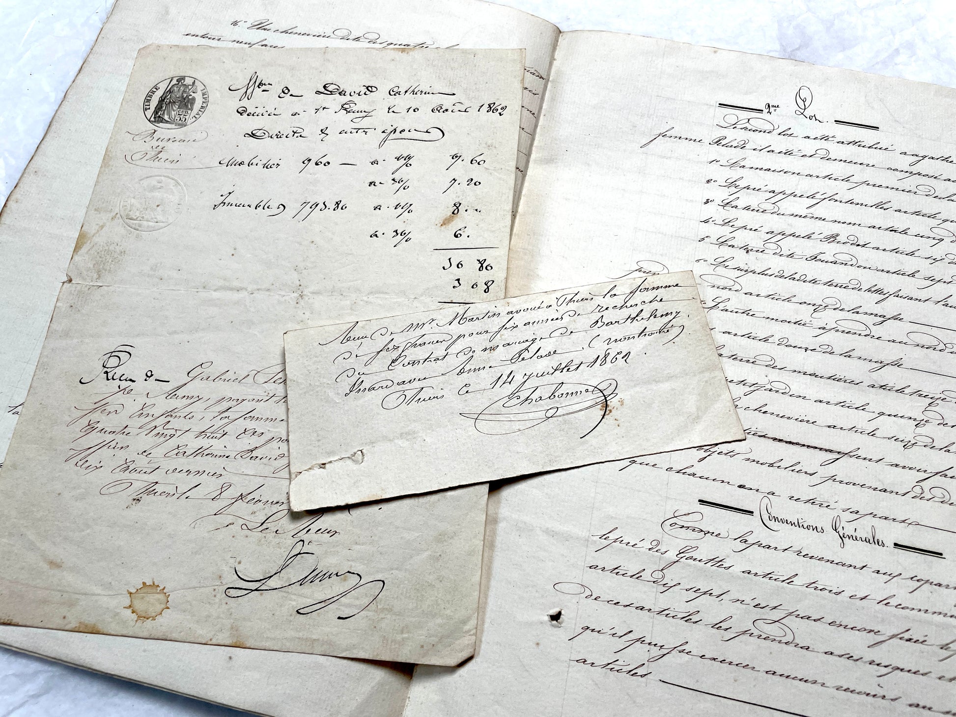 Mid 19th Century French Notarial Act from 1856 with elegant handwritten text and clear imperial stamp.