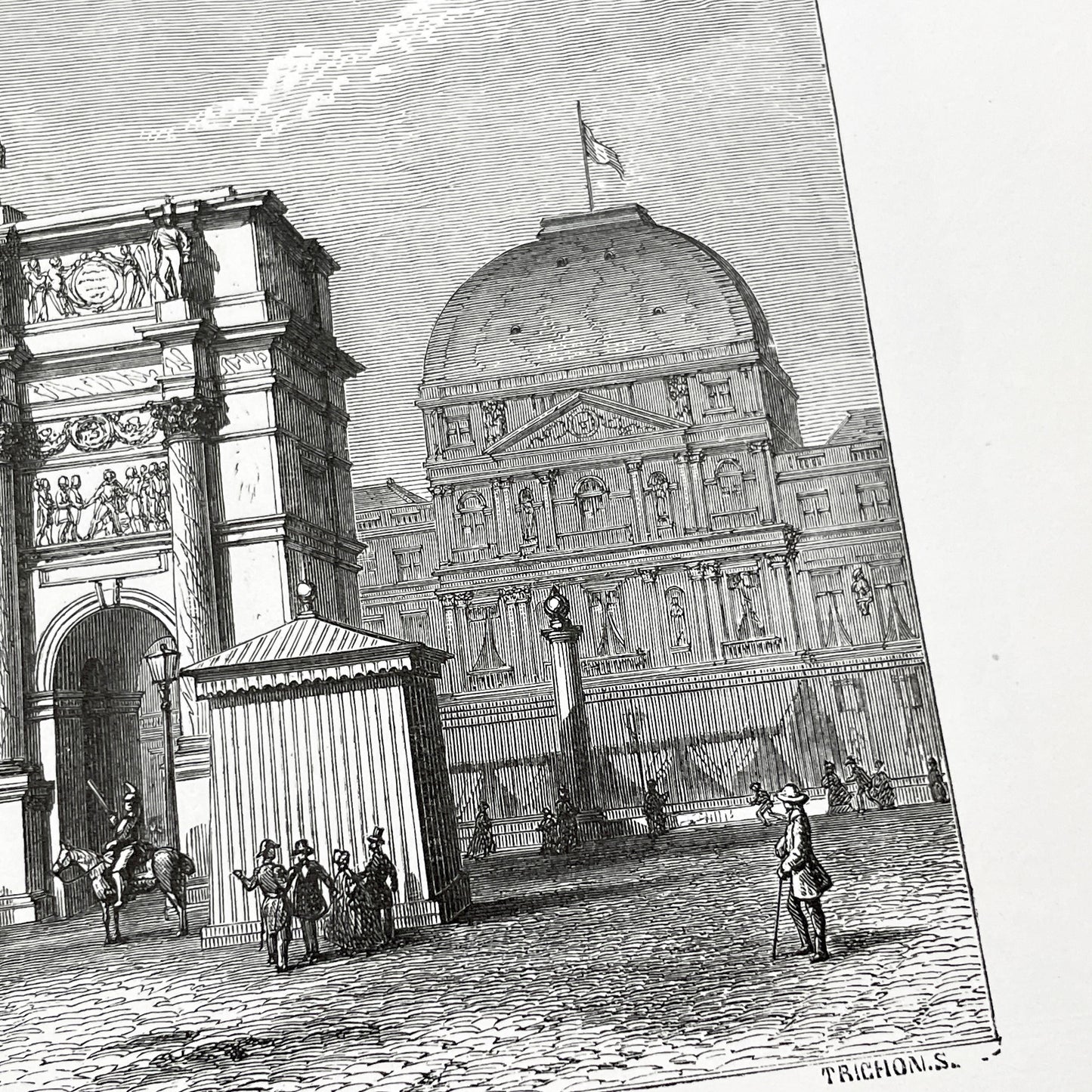 Late 19th - Parisian Arc de Triomphe du Carrousel Engraving - Historic Tuileries Garden Scene - Vintage French Architecture Art Print