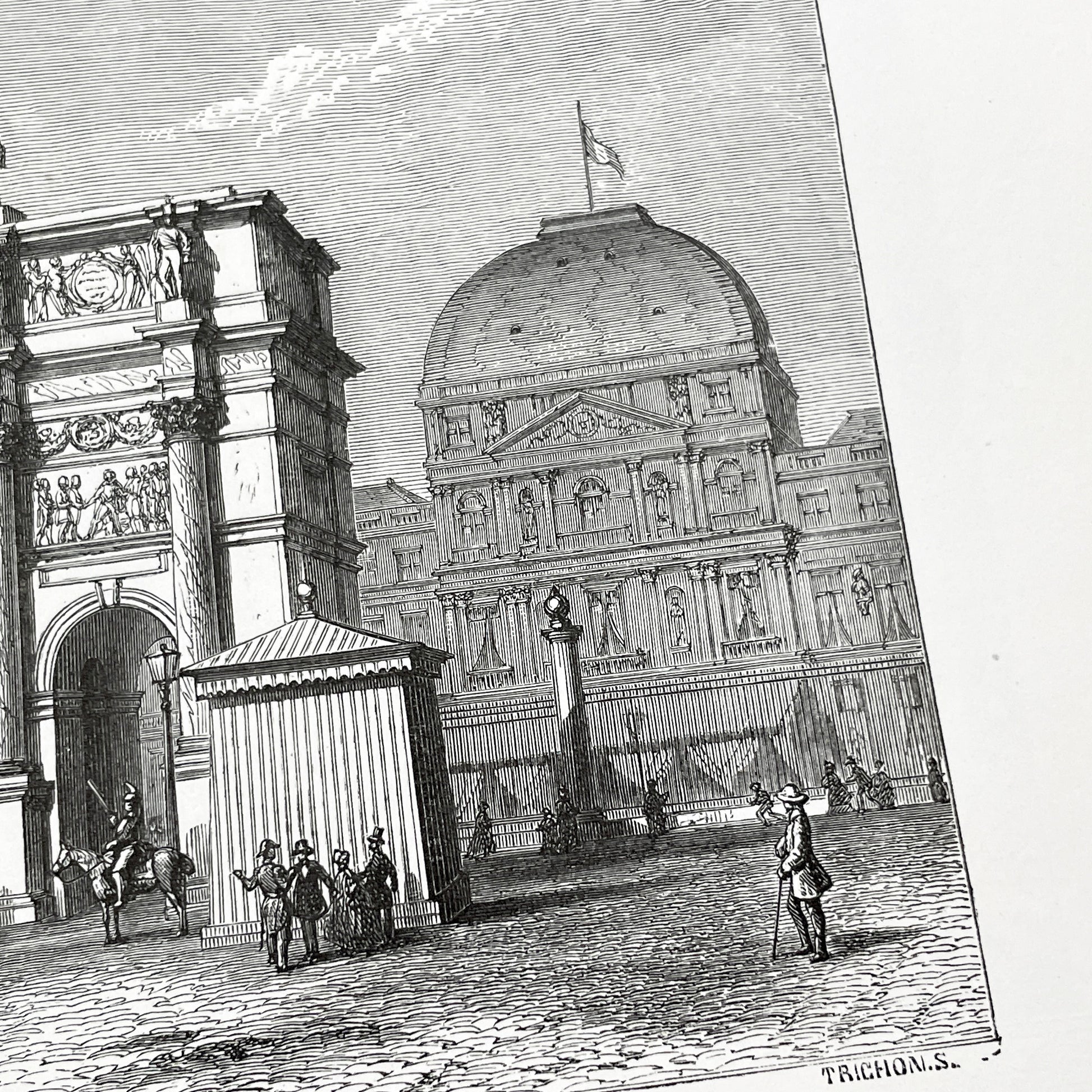 Late 19th - Parisian Arc de Triomphe du Carrousel Engraving - Historic Tuileries Garden Scene - Vintage French Architecture Art Print