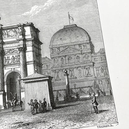 Late 19th - Parisian Arc de Triomphe du Carrousel Engraving - Historic Tuileries Garden Scene - Vintage French Architecture Art Print