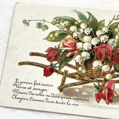 1900s - Antique Postcard - Sentimental Floral Illustration - Lily Of The Valley - Red Roses - Plaisir D'amour Verse - Belle Epoque Charm
