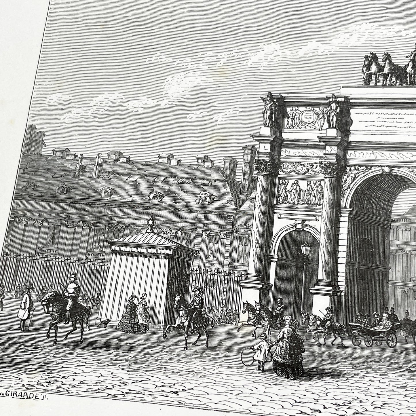 Late 19th - Parisian Arc de Triomphe du Carrousel Engraving - Historic Tuileries Garden Scene - Vintage French Architecture Art Print