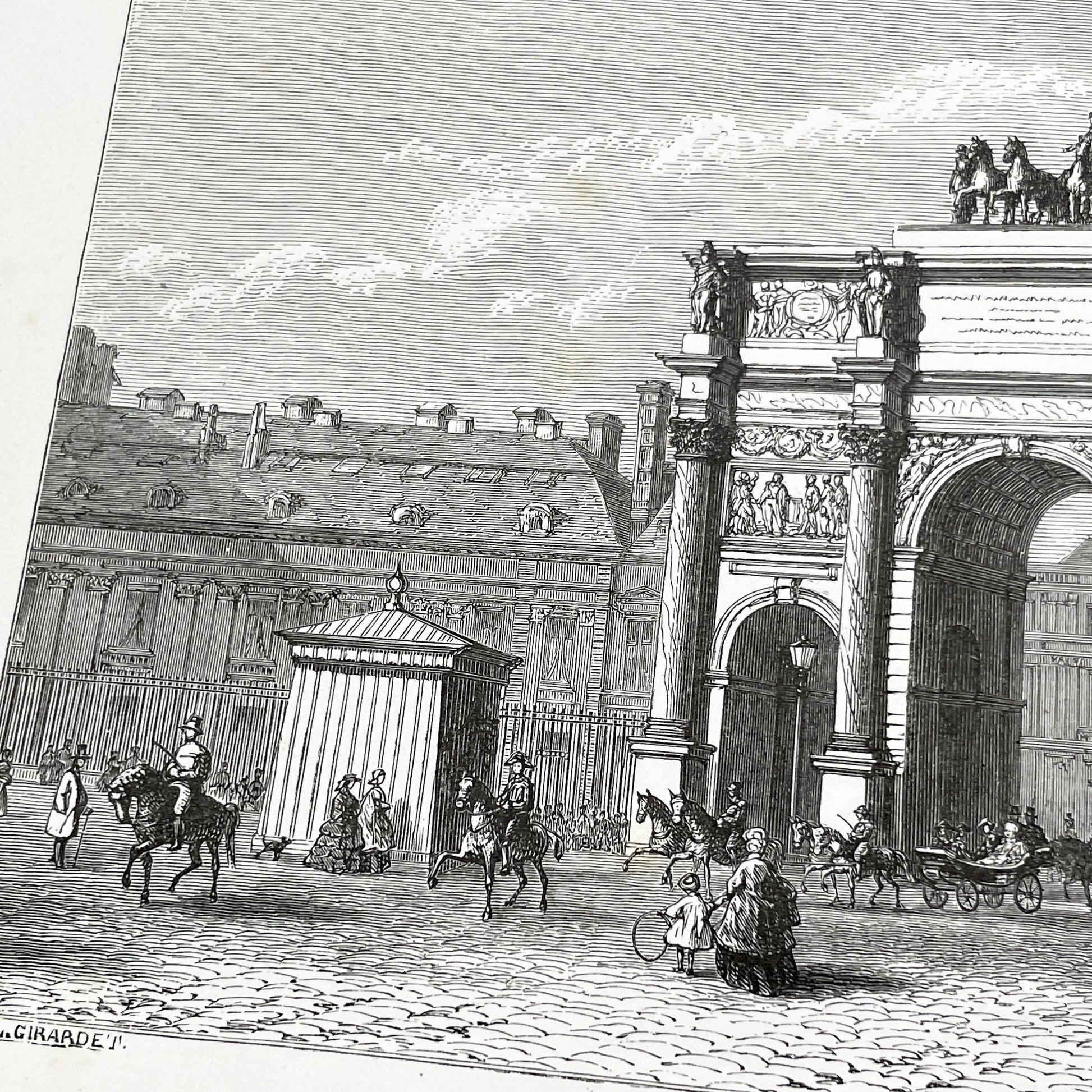 Late 19th - Parisian Arc de Triomphe du Carrousel Engraving - Historic Tuileries Garden Scene - Vintage French Architecture Art Print