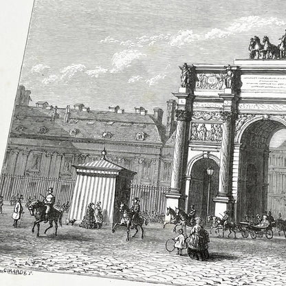 Late 19th - Parisian Arc de Triomphe du Carrousel Engraving - Historic Tuileries Garden Scene - Vintage French Architecture Art Print
