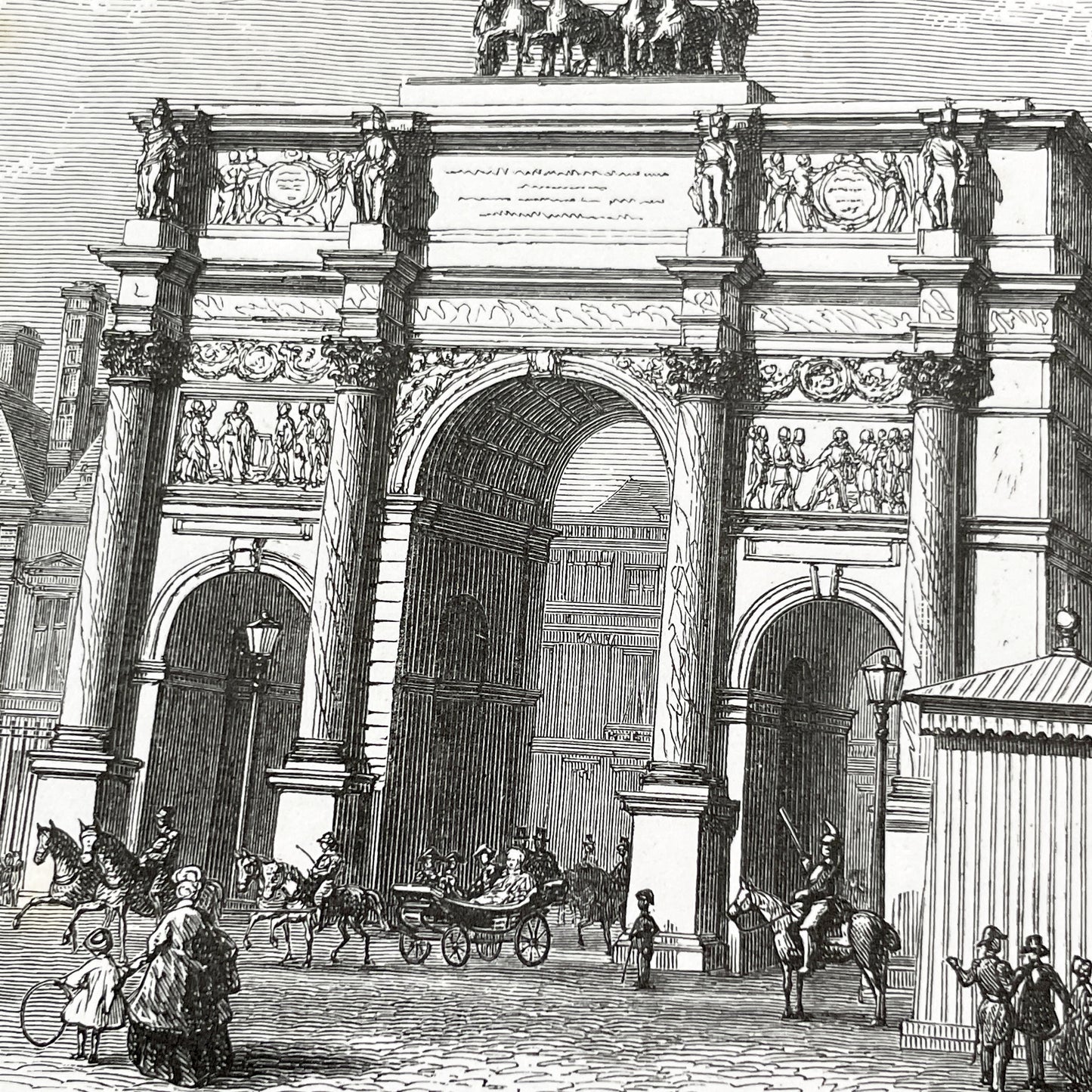 Late 19th - Parisian Arc de Triomphe du Carrousel Engraving - Historic Tuileries Garden Scene - Vintage French Architecture Art Print