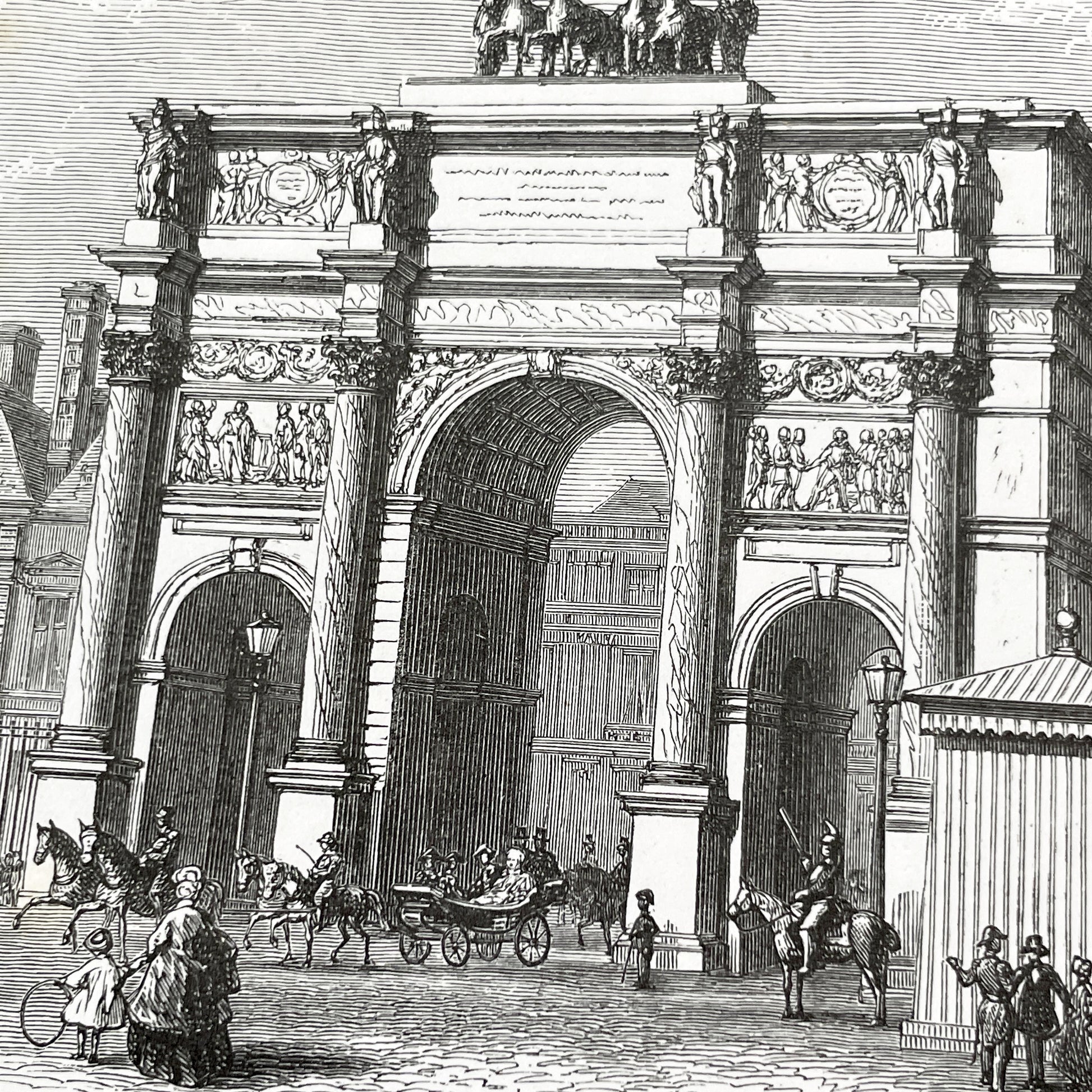 Late 19th - Parisian Arc de Triomphe du Carrousel Engraving - Historic Tuileries Garden Scene - Vintage French Architecture Art Print