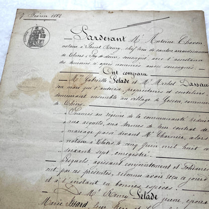 Late 19th Century French Notarial Act. Handwritten legal document from 1882 with official stamps, related to a marriage contr