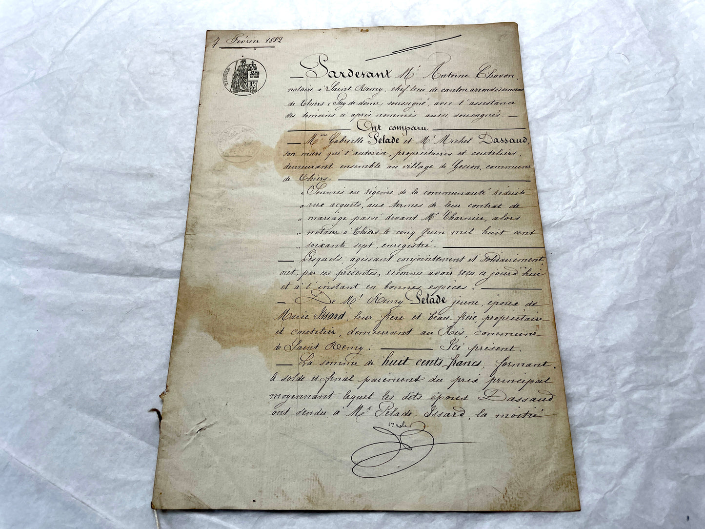Late 19th Century French Notarial Act. Handwritten legal document from 1882 with official stamps, related to a marriage contr