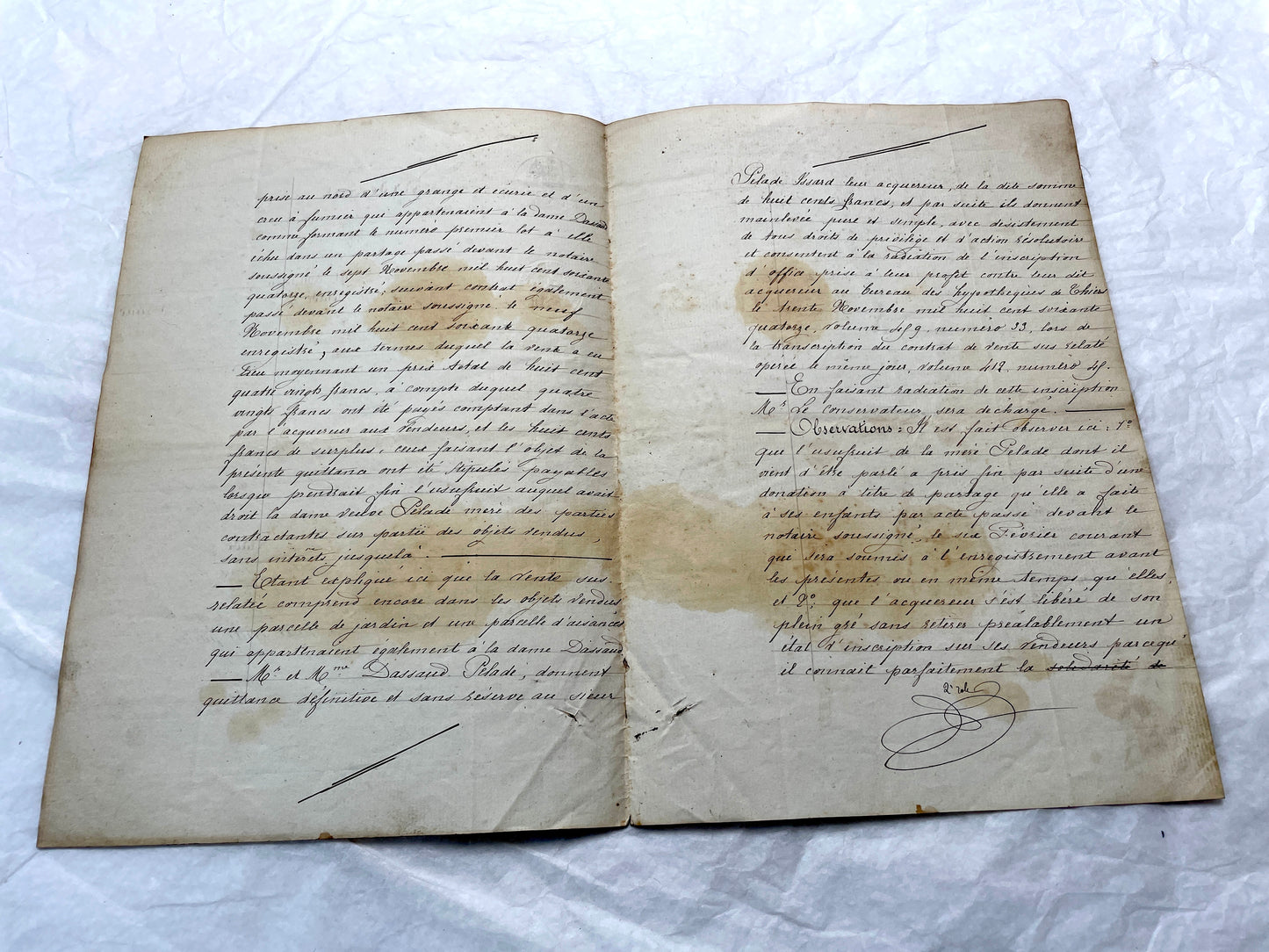 Late 19th Century French Notarial Act. Handwritten legal document from 1882 with official stamps, related to a marriage contr