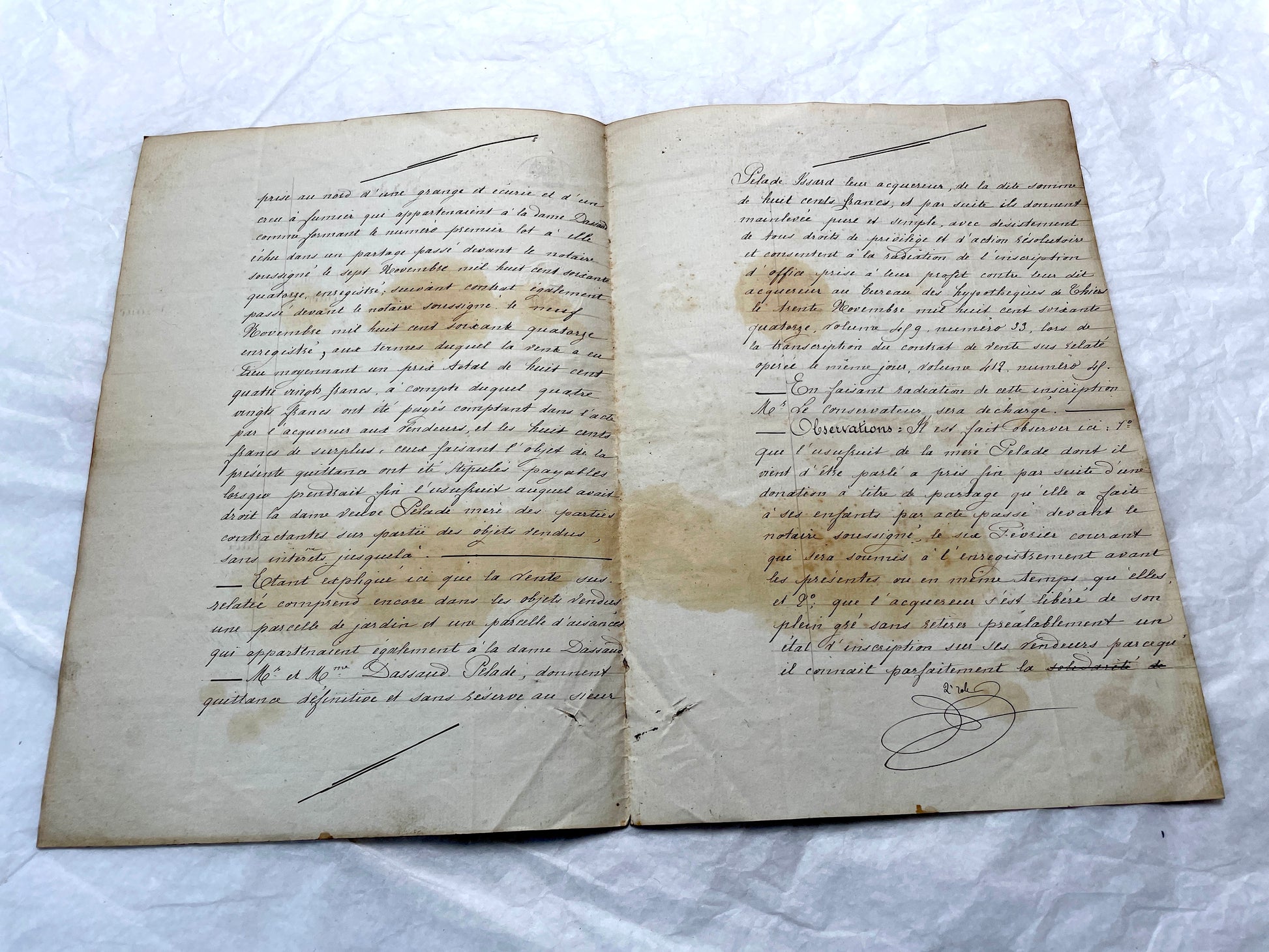 Late 19th Century French Notarial Act. Handwritten legal document from 1882 with official stamps, related to a marriage contr