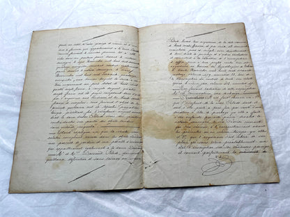 Late 19th Century French Notarial Act. Handwritten legal document from 1882 with official stamps, related to a marriage contr