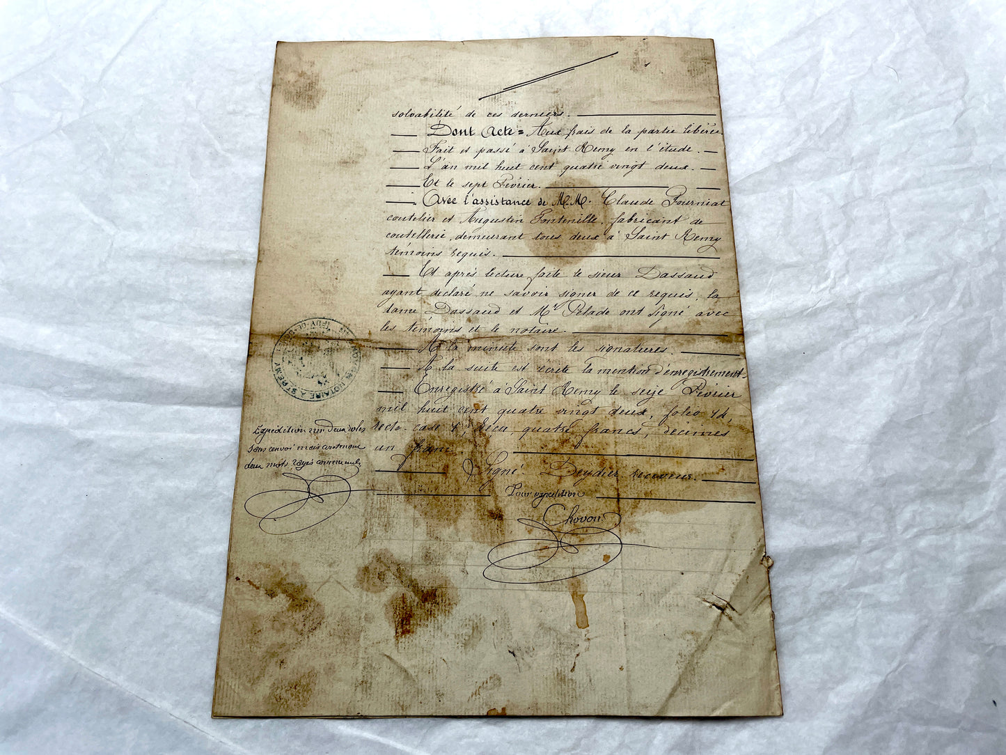 Late 19th Century French Notarial Act. Handwritten legal document from 1882 with official stamps, related to a marriage contr