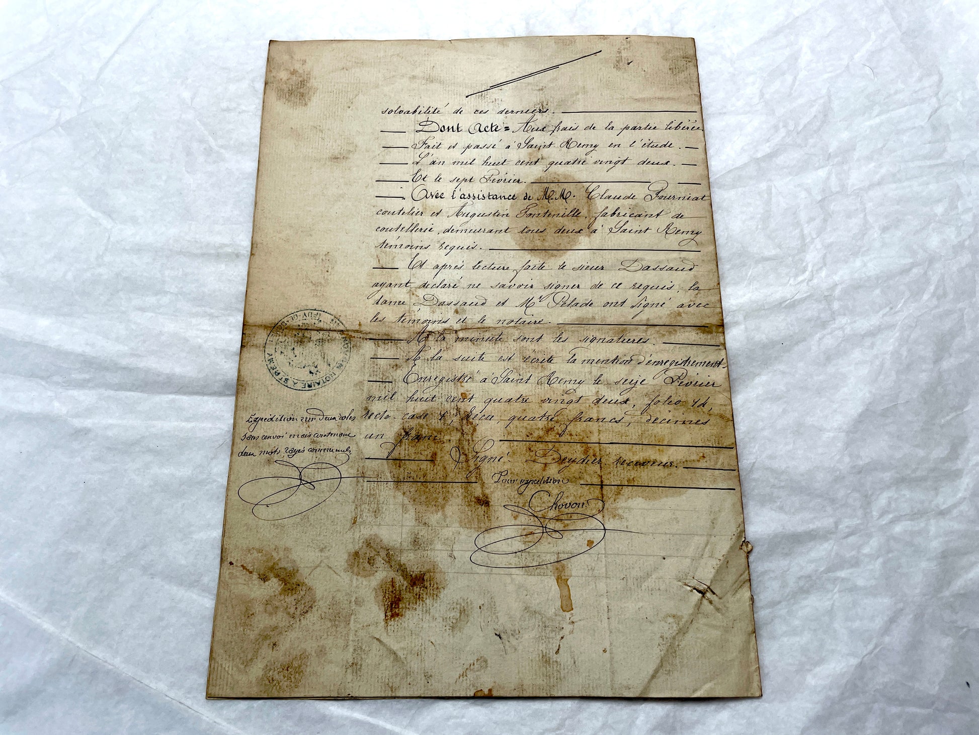Late 19th Century French Notarial Act. Handwritten legal document from 1882 with official stamps, related to a marriage contr