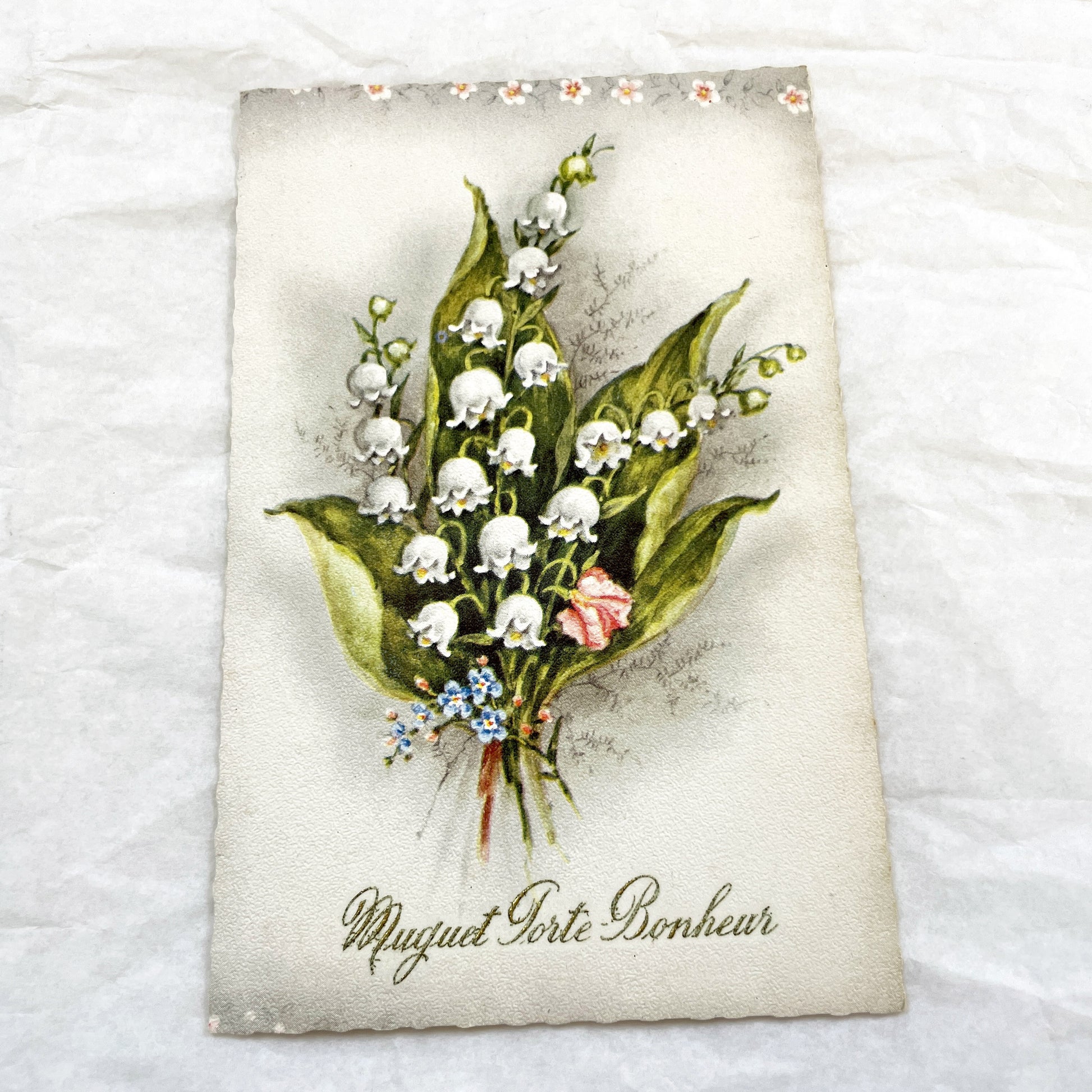 1940s - Vintage French Lily Of The Valley Postcard - Muguet Porte Bonheur Glitter Embossed Floral Art - Belle Époque Ephemera Collectible