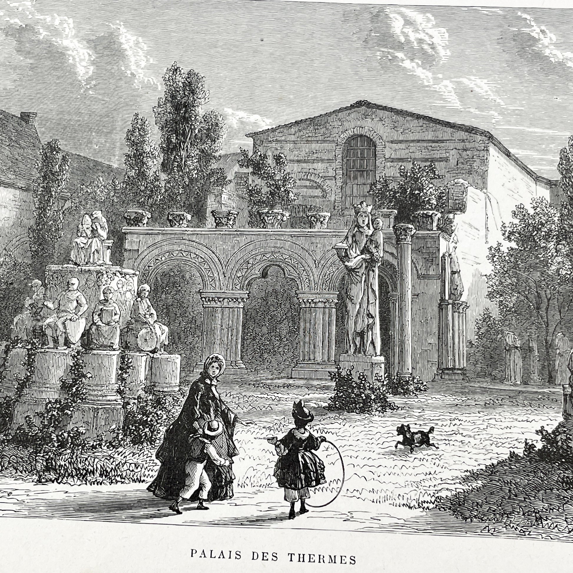 Late 19th - Palais des Thermes Engraving - Historic Parisian Landmark - French Architectural Art Print 