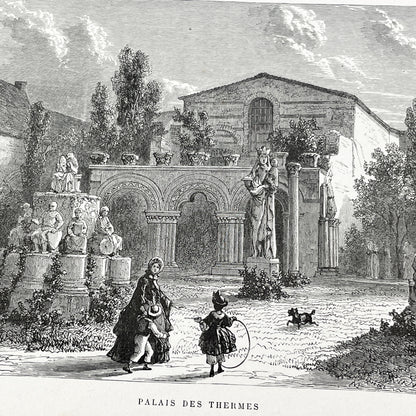Late 19th - Palais des Thermes Engraving - Historic Parisian Landmark - French Architectural Art Print 