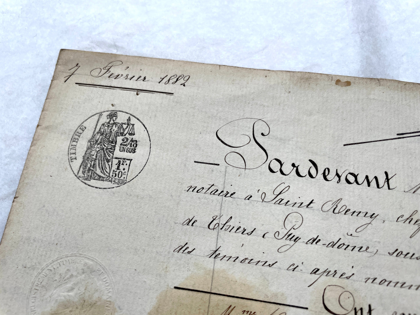 Late 19th Century French Notarial Act. Handwritten legal document from 1882 with official stamps, related to a marriage contr