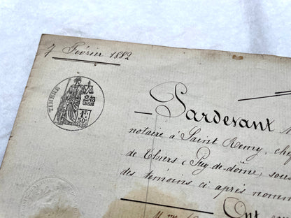 Late 19th Century French Notarial Act. Handwritten legal document from 1882 with official stamps, related to a marriage contr