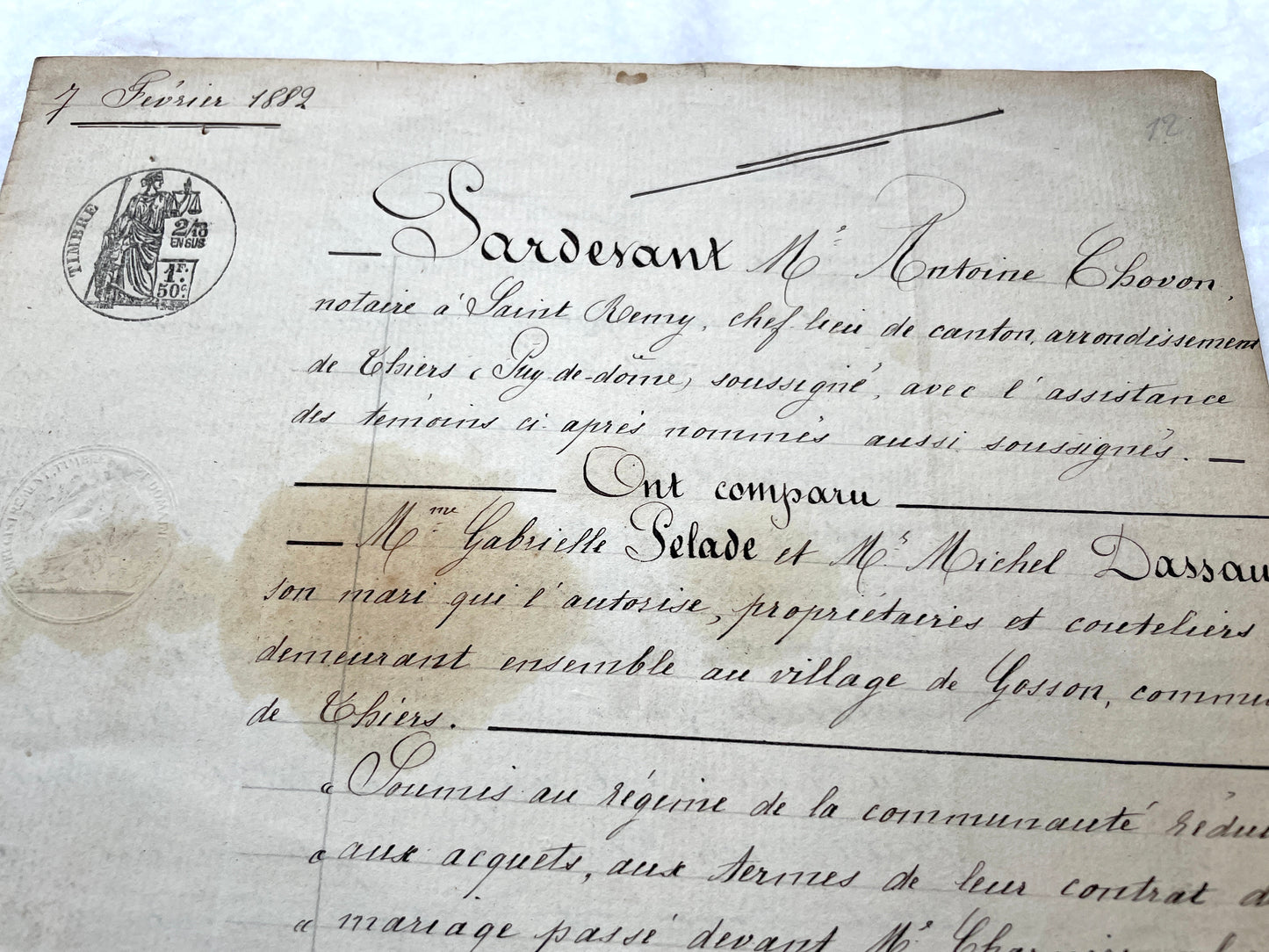 Late 19th Century French Notarial Act. Handwritten legal document from 1882 with official stamps, related to a marriage contr
