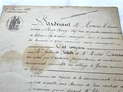 Late 19th Century French Notarial Act. Handwritten legal document from 1882 with official stamps, related to a marriage contr