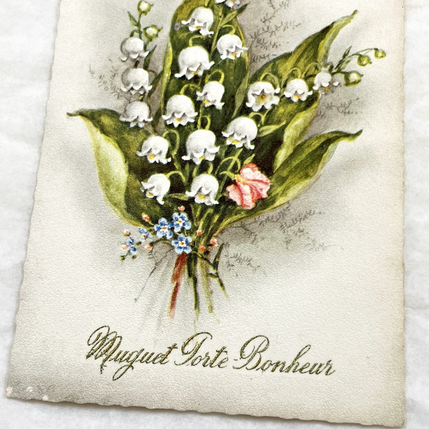 1940s - Vintage French Lily Of The Valley Postcard - Muguet Porte Bonheur Glitter Embossed Floral Art - Belle Époque Ephemera Collectible