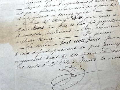 Late 19th Century French Notarial Act. Handwritten legal document from 1882 with official stamps, related to a marriage contr
