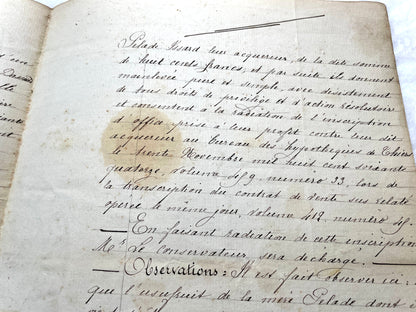 Late 19th Century French Notarial Act. Handwritten legal document from 1882 with official stamps, related to a marriage contr