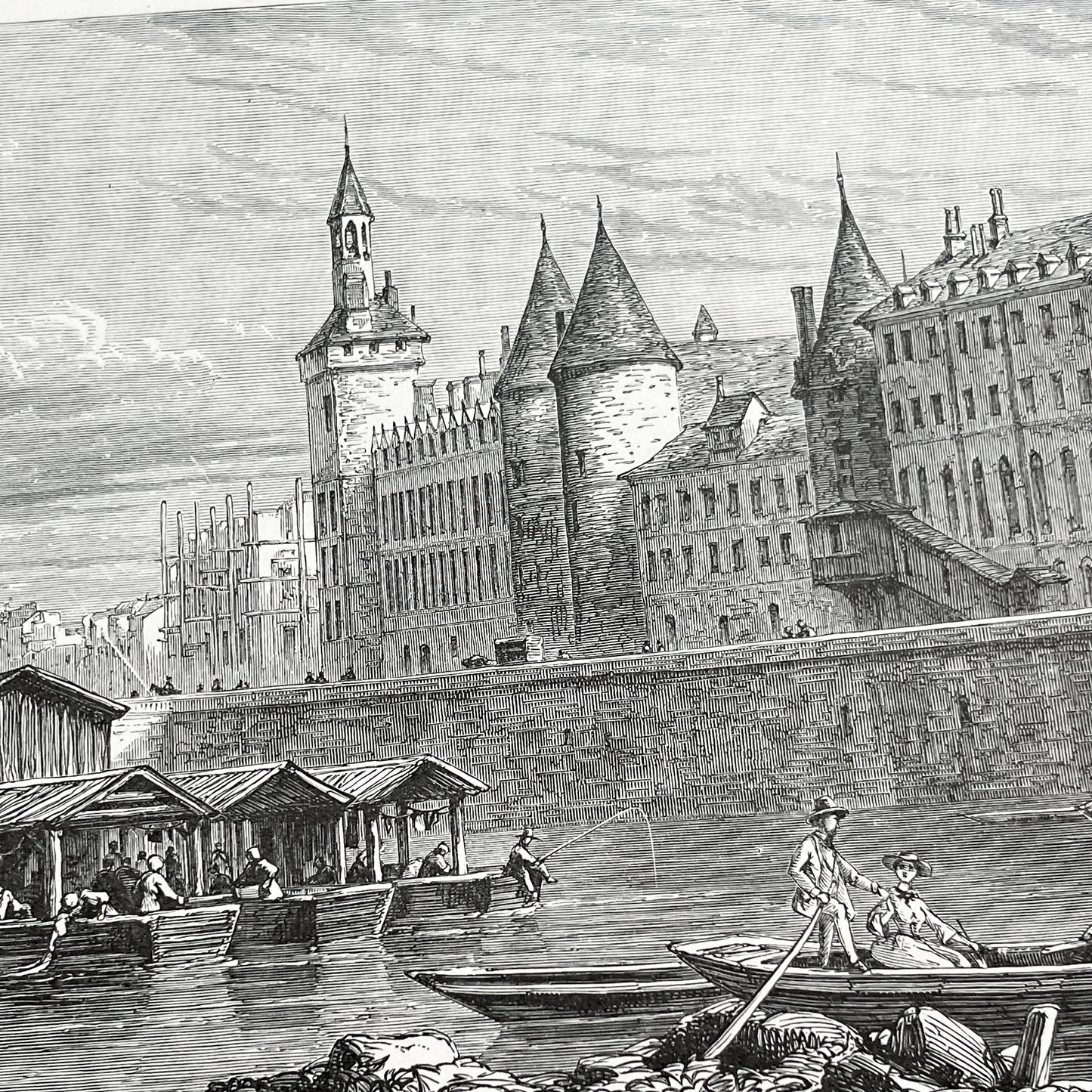 Late 19th - Palais De La Cité Paris Engraving - Vintage French Historical Art Print - River Seine Life - Parisian Architecture View 